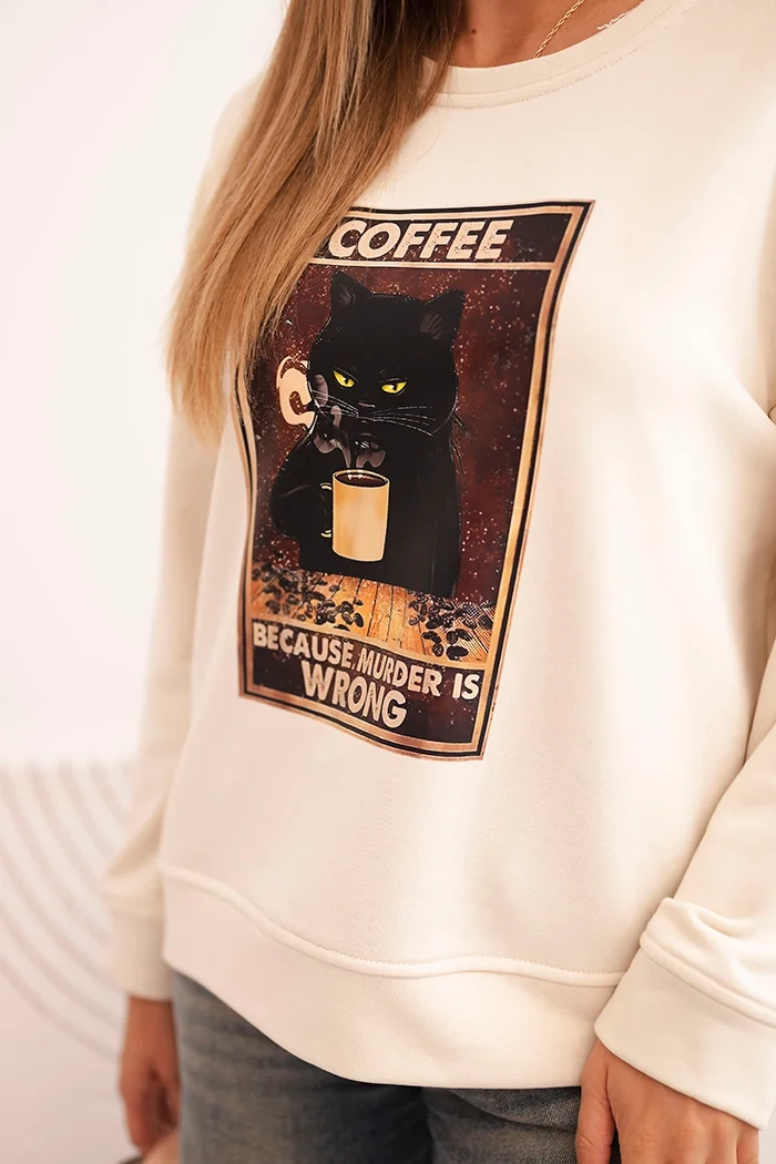 Kesi Włoski Women's cotton sweatshirt with a cat print and text light beige