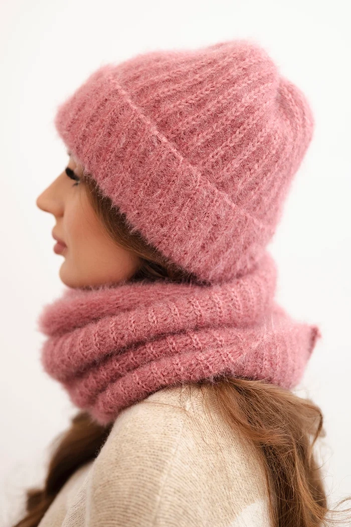 Kesi Women&#039;s set hat and winter fluffy snood with decorative emblem dark pink