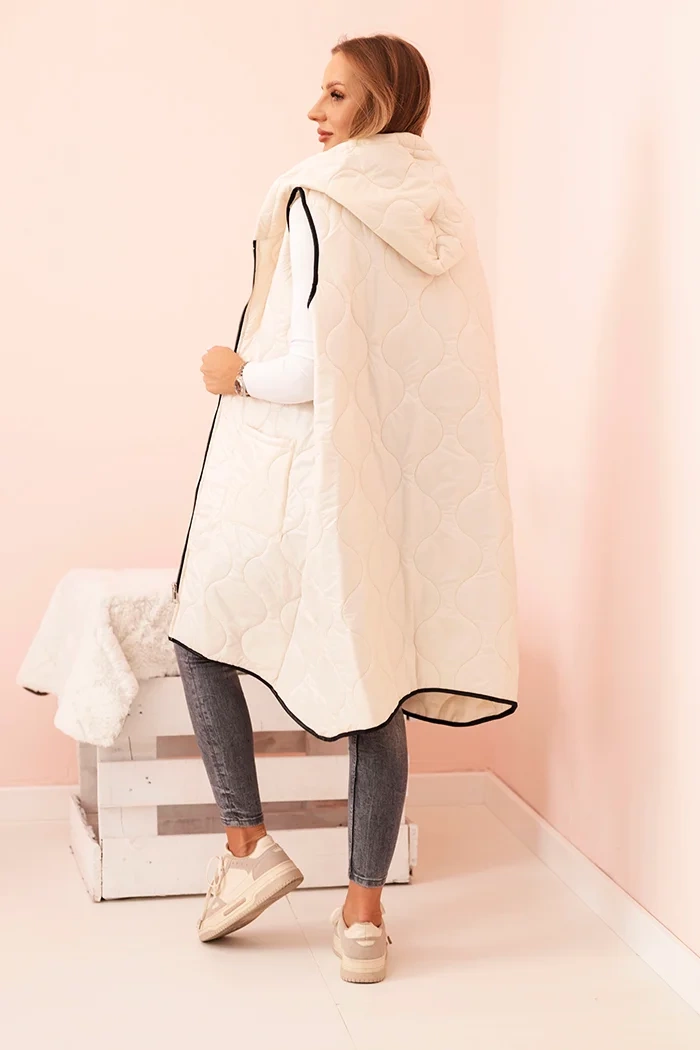 Kesi Włoski Women's quilted Plus Size vest with a hood, zip-up, light beige