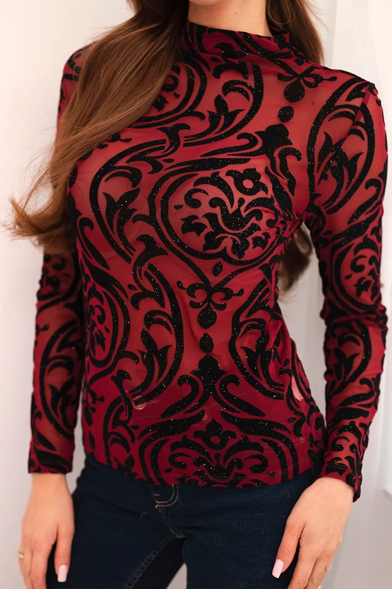 Kesi Włoski Women's blouse burgundy with velour pattern and collar burgundy