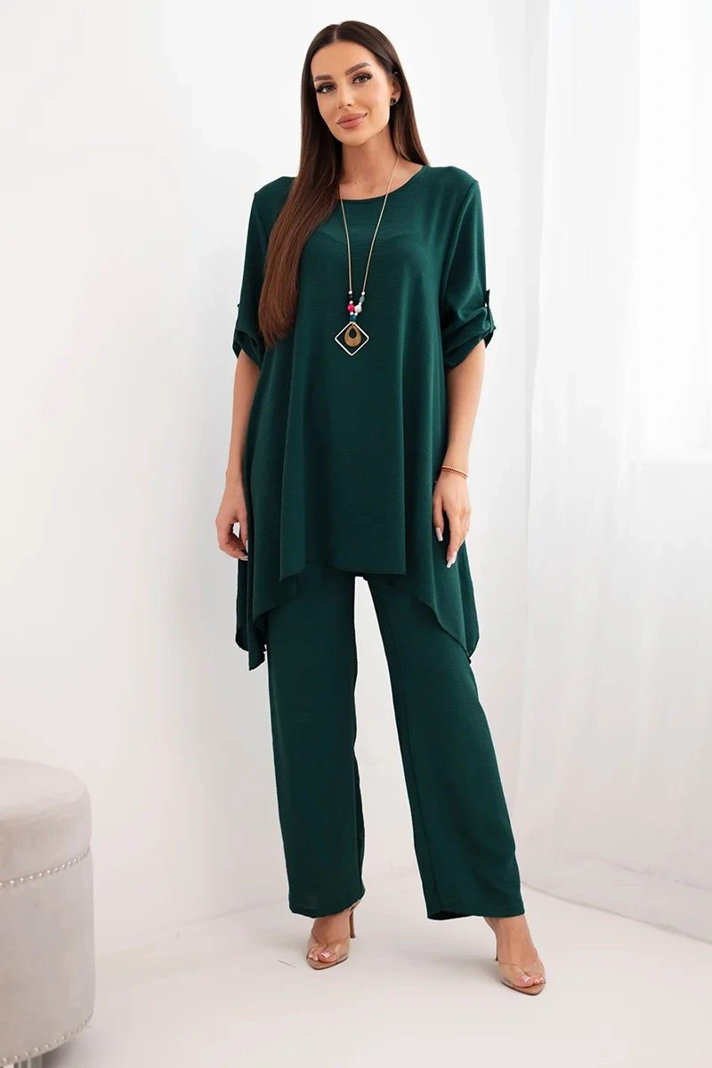 Women's set blouse with pendant + trousers - dark green