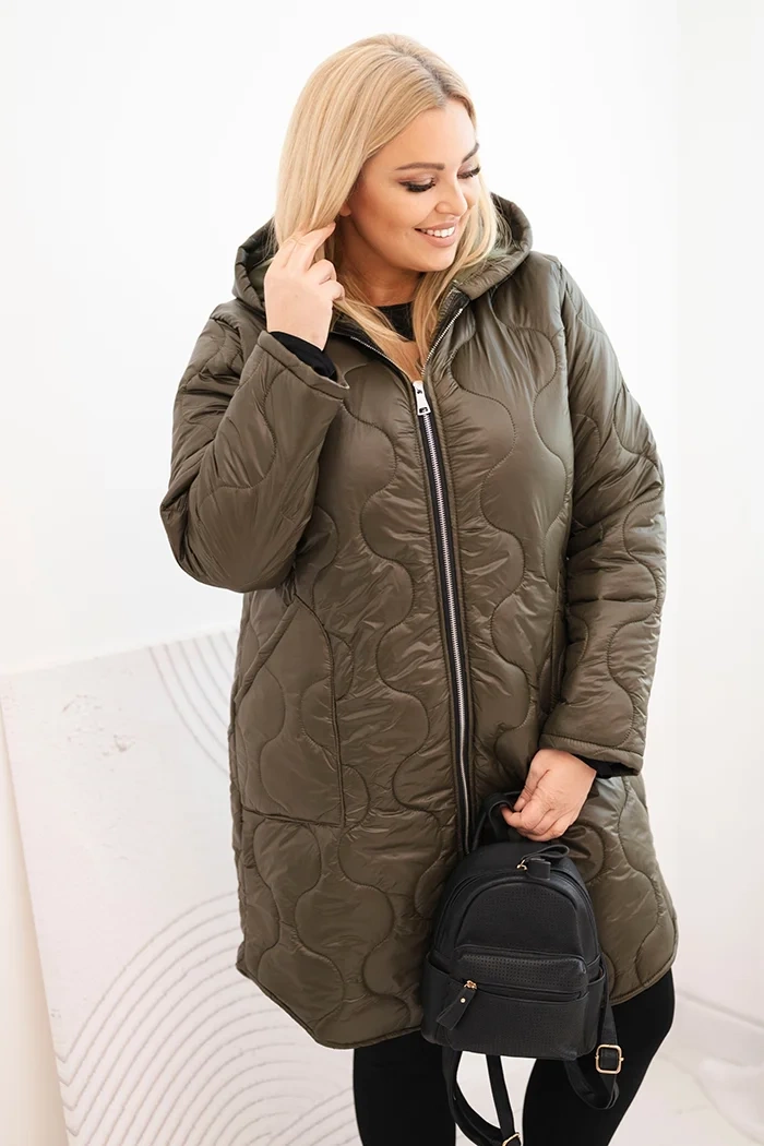 Kesi Włoski Dámska zimná prešívaná bunda Plus Size s kapucňou khaki