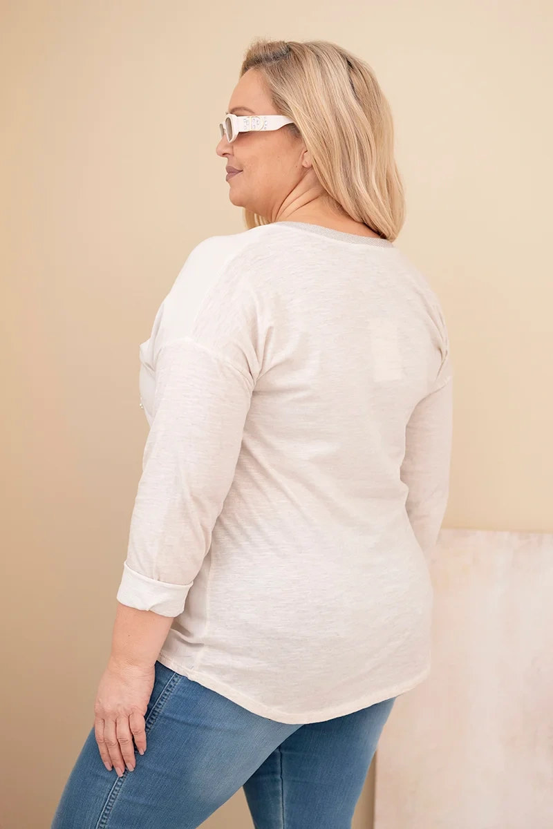 Kesi Włoski Dámska blúzka Plus Size s potlačou a perličkami béžová