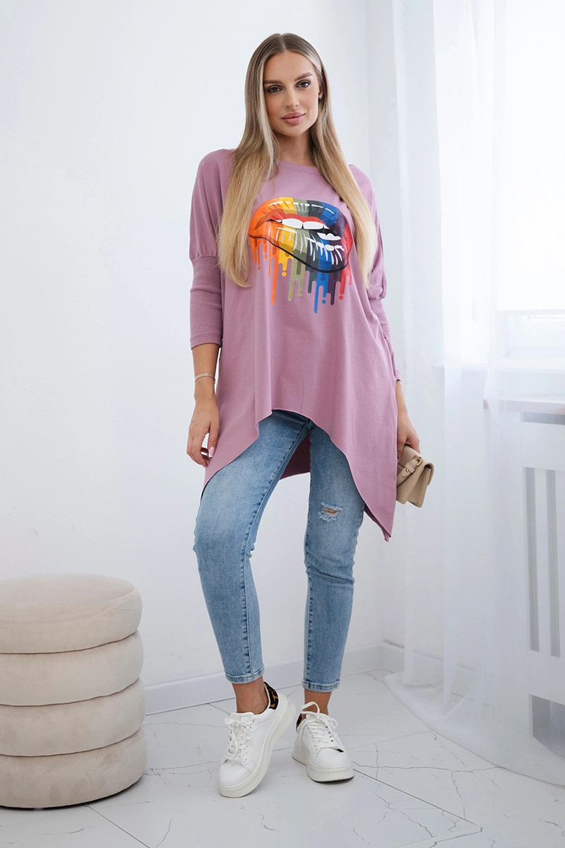 Oversize blouse with rainbow lip print navy pink