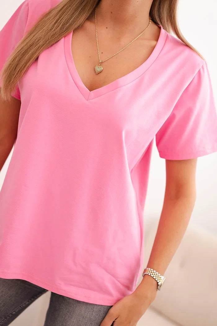 Polski Women's cotton blouse with a V-neck and short sleeves light pink