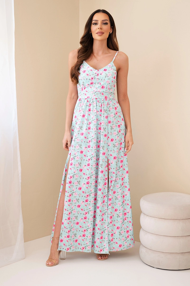 Дамска макси рокля с флорални мотиви и презрамки