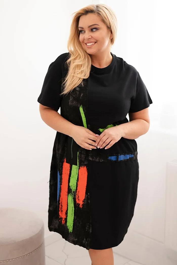 Kesi Włoski Dámské bavlněné šaty Plus Size s barevným potiskem černá