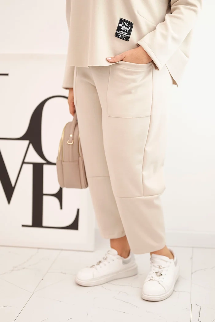 Kesi Włoski Plus Size women's set butter sweatshirt and pants with pockets beige