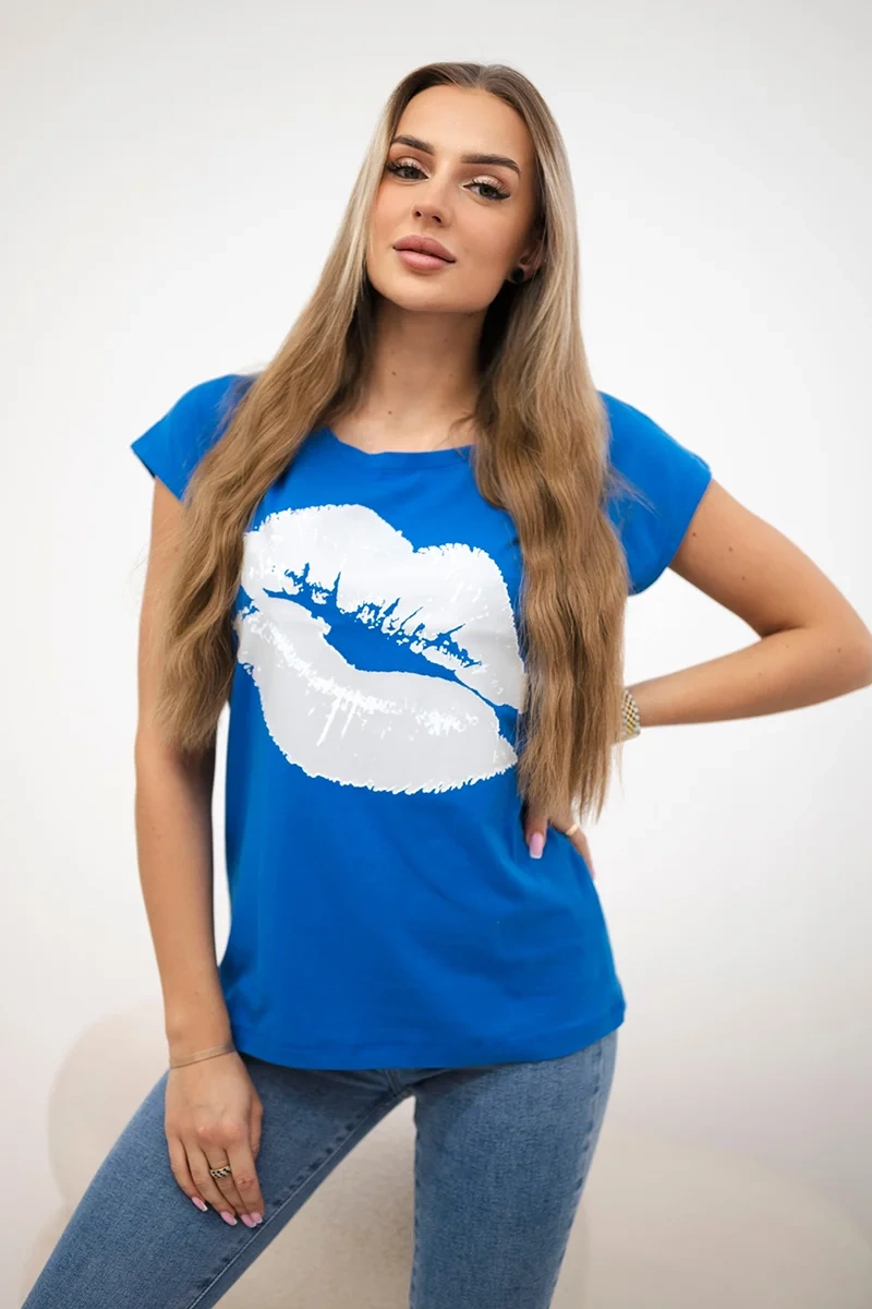 Blouse with lip print purple-blue