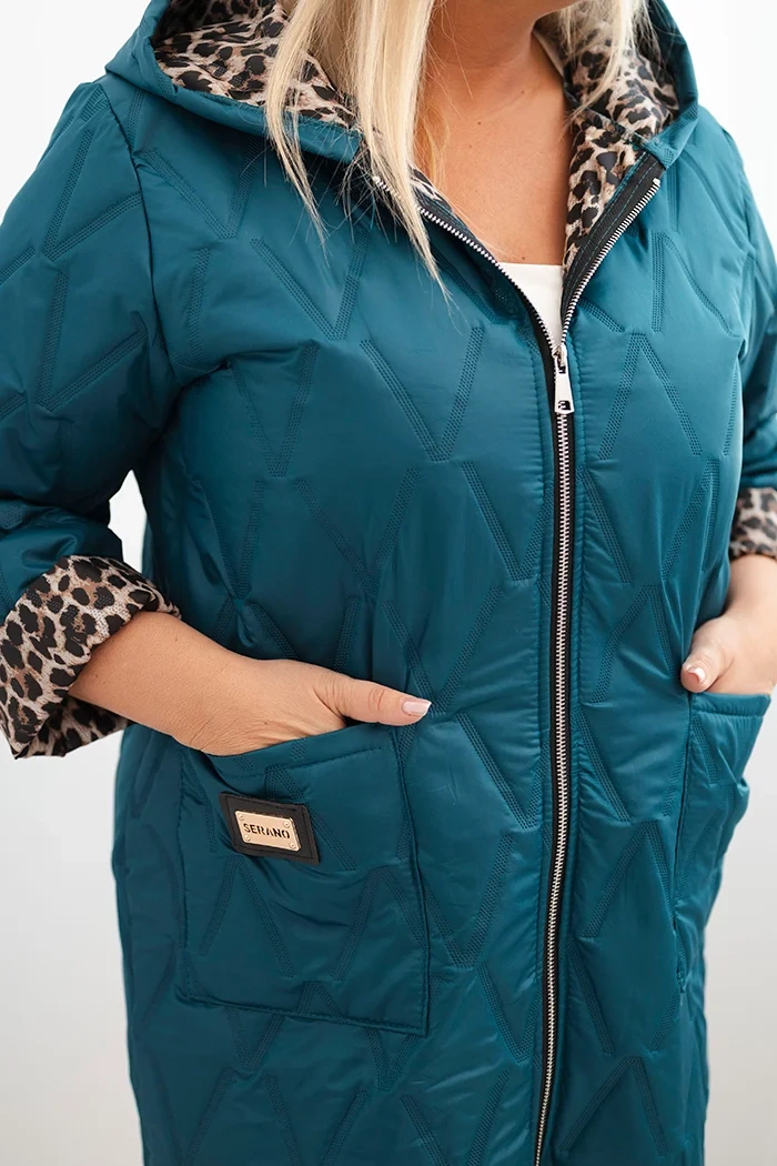 Kesi Włoski Plus Size women's quilted jacket with leopard lining and hood sea green
