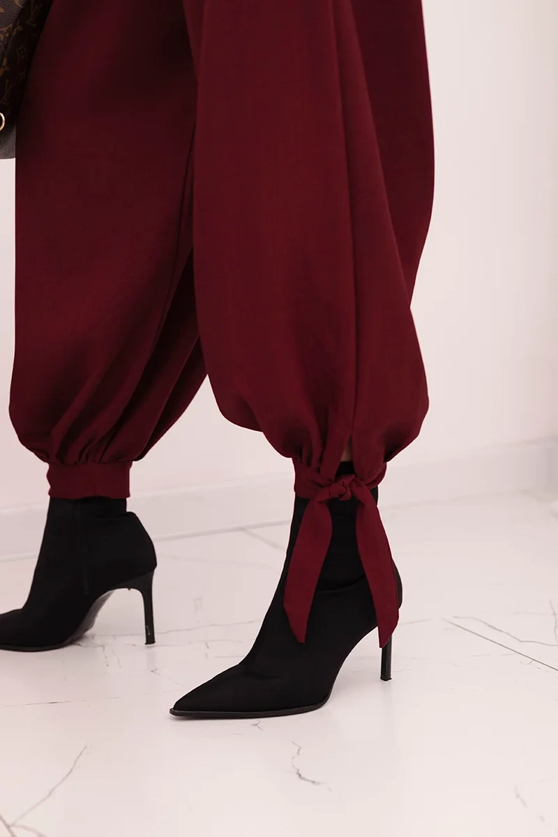 Kesi Włoski Women’s trousers with wide legs and ties at the bottom burgundy