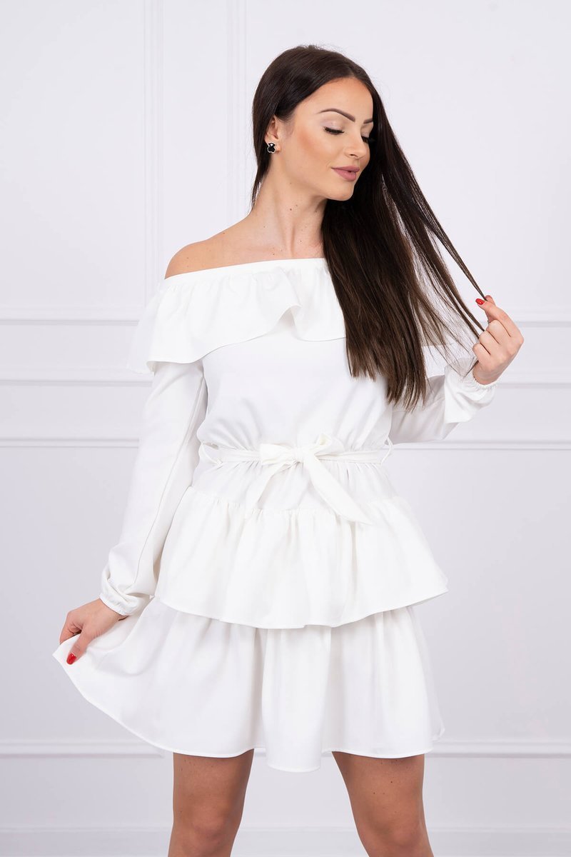 Shoulder dress with waist tie ecru