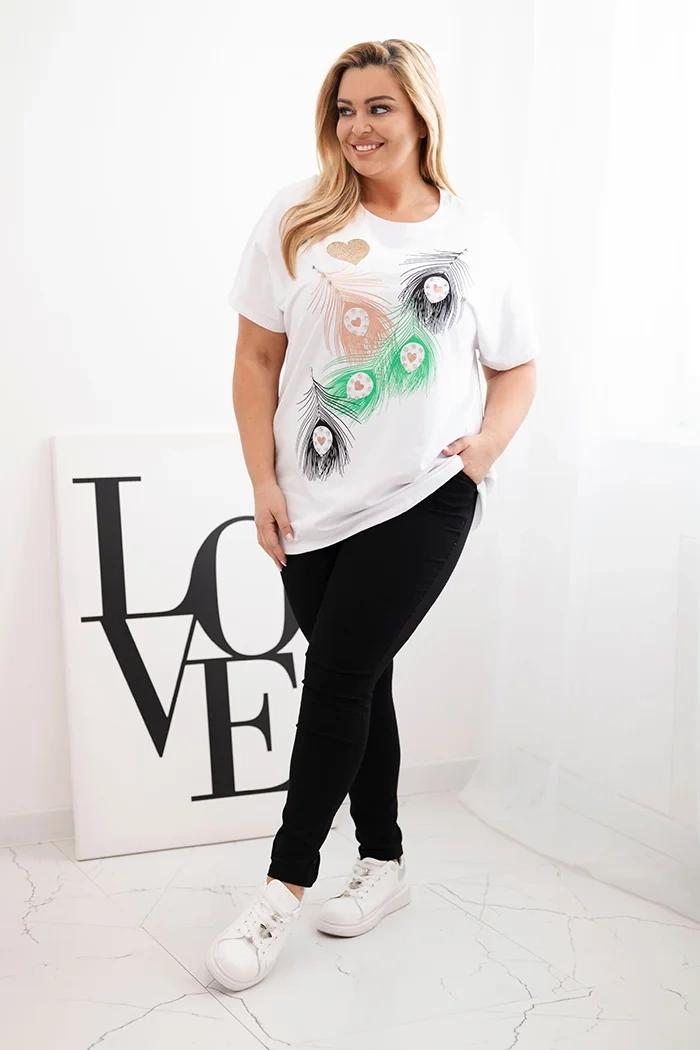 Kesi Włoski Women's Cotton Plus Size Blouse with Feather Motif white + green