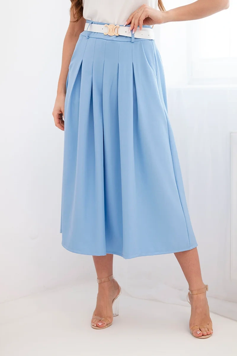 Дамска миди пола Kesi с колан и плисета, синя