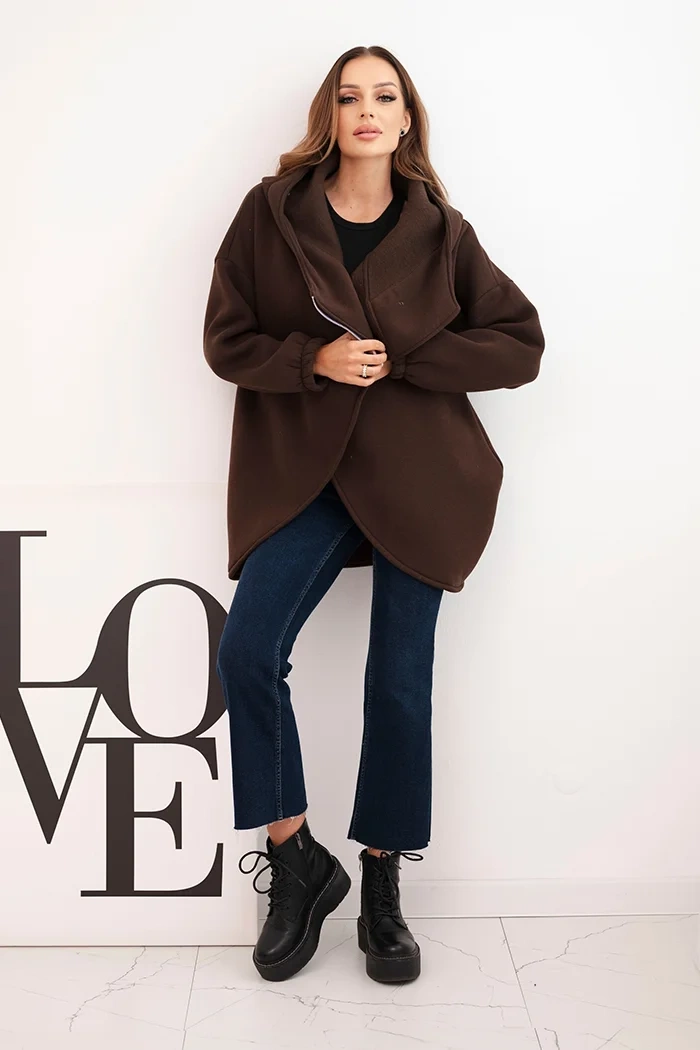 Kesi Włoski Women's insulated hoodie with an asymmetrical zipper brown