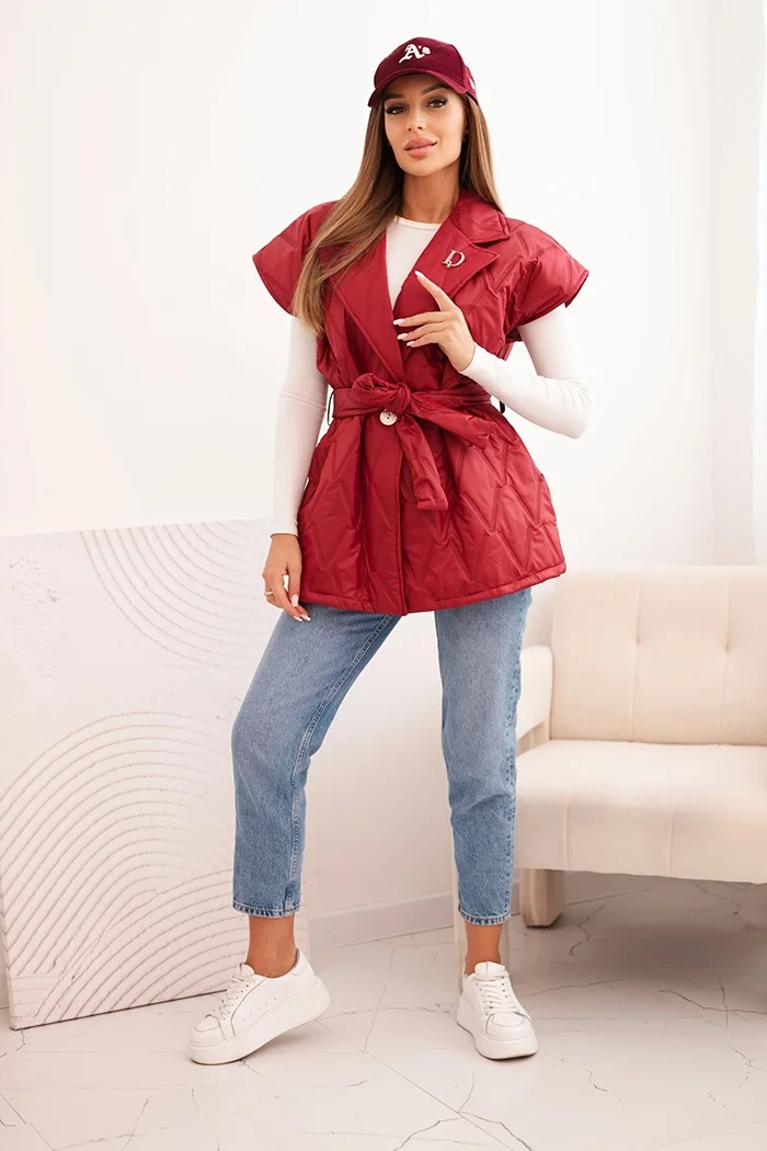 Kesi Włoski Women's quilted vest with a belt and wide collar burgundy