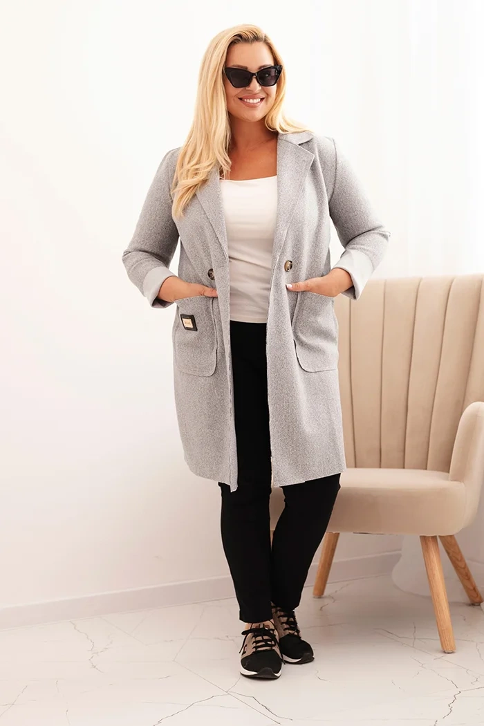 Kesi Włoski Elegant Plus Size women's coat with a collar and large pockets gray