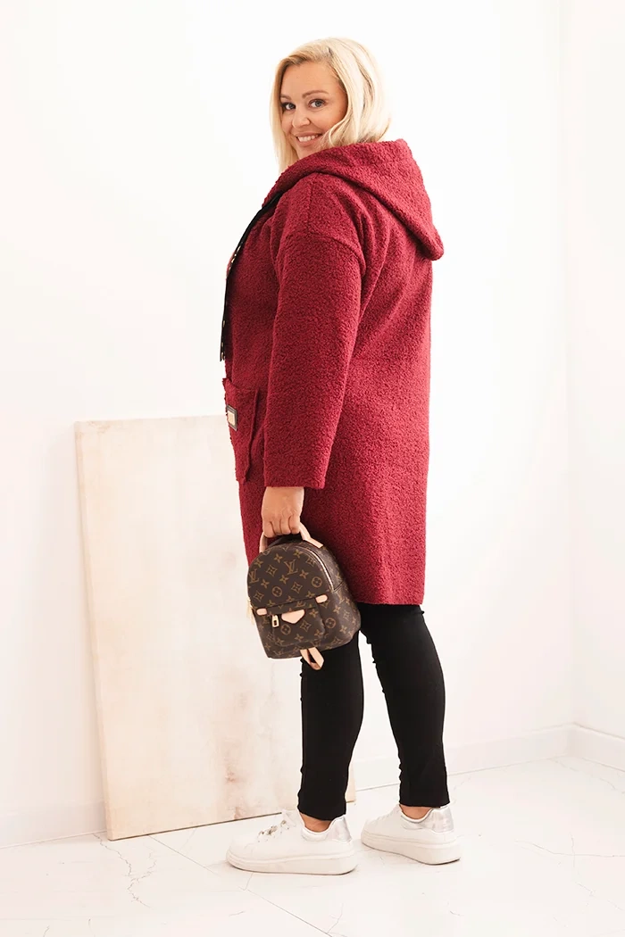 Kesi Włoski Plus Size women's coat made of faux shearling with a hood and pockets burgundy