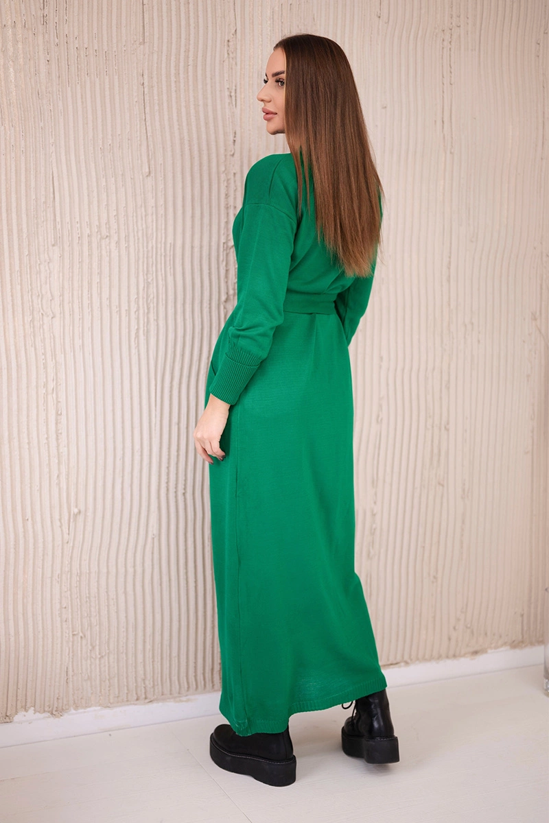 Long sweater with waist tie in green color