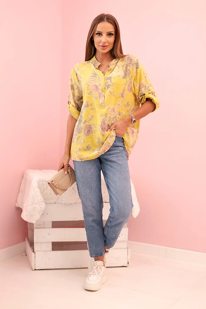 Kesi Włoski Women&#039;s cotton shirt with floral pattern and rolled up sleeves kiwi