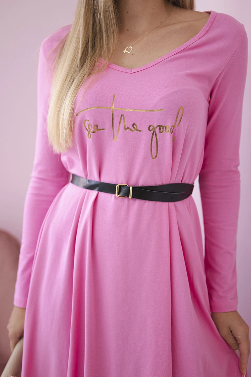 Dress with decorative belt and inscription light pink