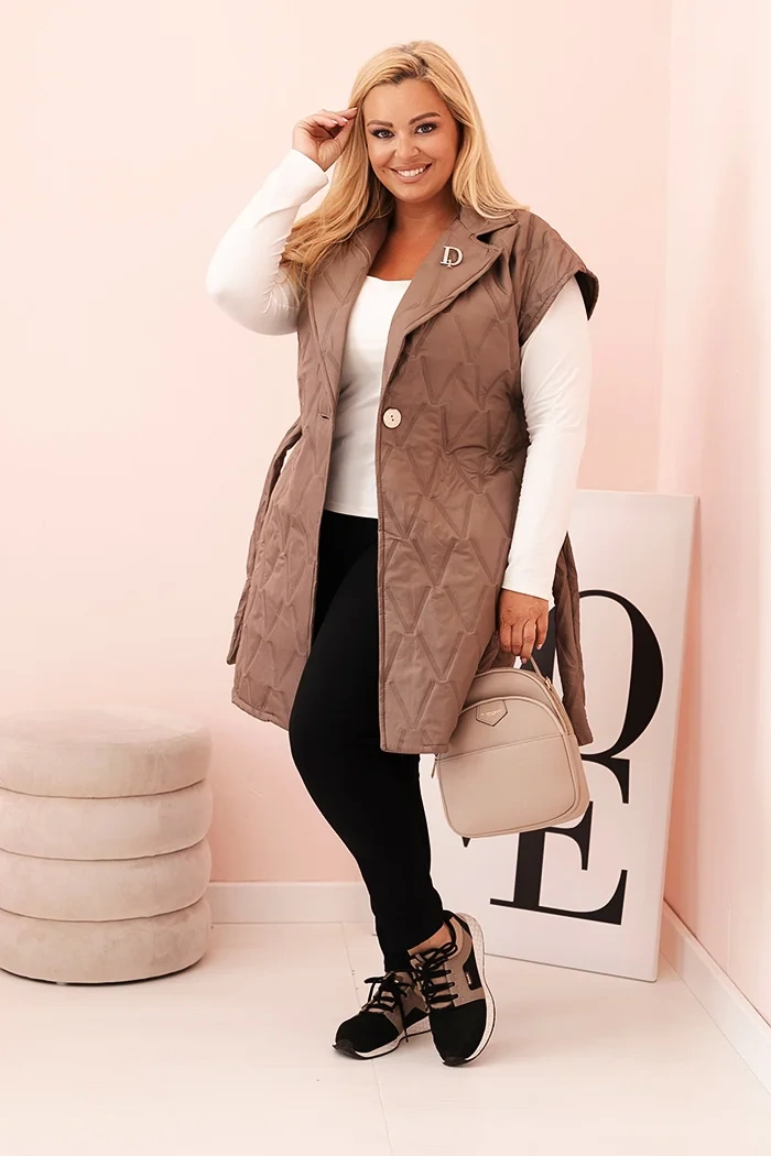 Kesi Włoski Women's Plus Size quilted vest with belt and collar fango