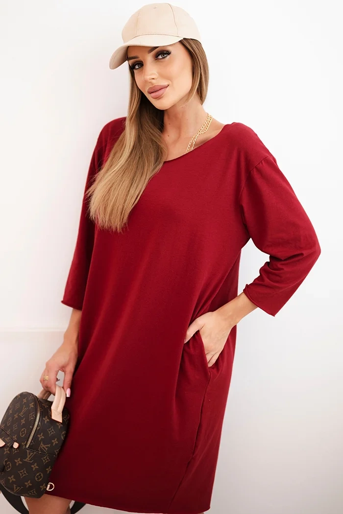 Kesi Włoski Plus Size womens dress with cotton in a simple cut and 3/4 sleeve burgundy