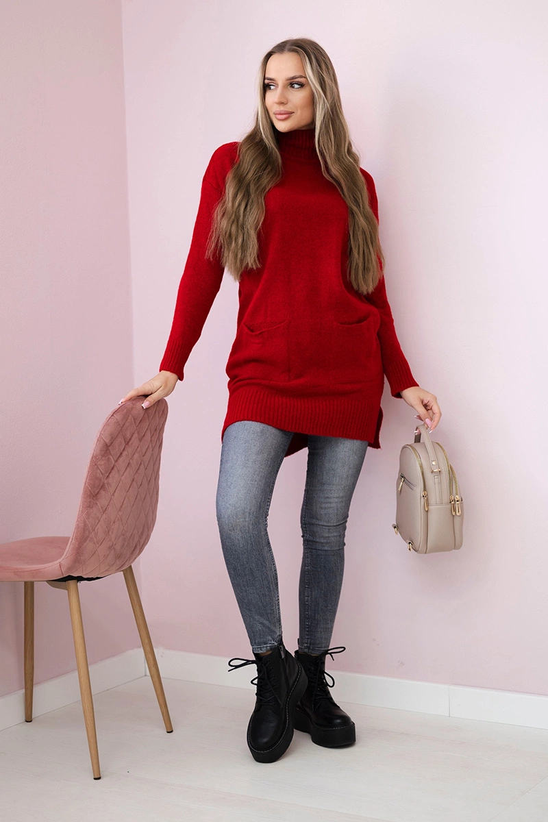 Red sweater with stand-up collar