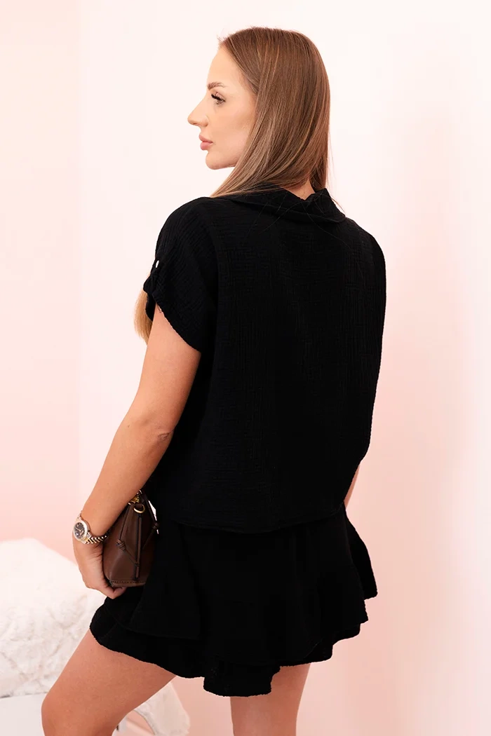 Kesi Women&#039;s muslin set with short sleeves and skirt-shorts with a frill black