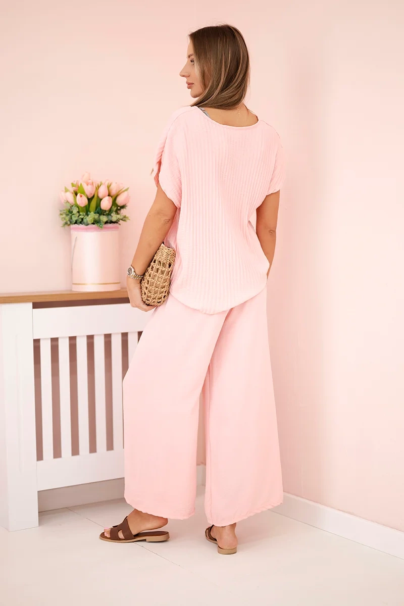 Kesi Włoski Viscose set pleated blouse + trousers powder pink