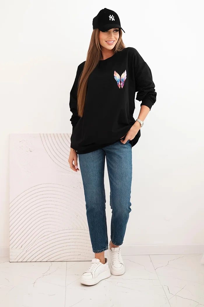 Polski Women's oversized cotton sweatshirt with colorful wings on the back black