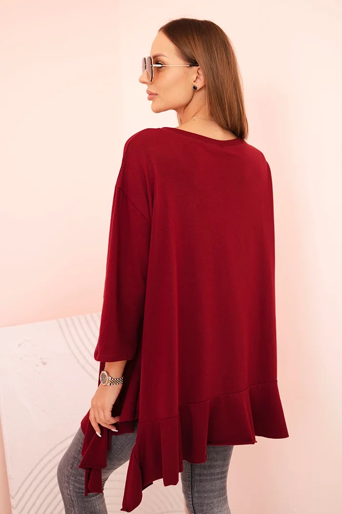 Kesi Włoski Plus Size women's blouse with cotton, frill, and rolled-up sleeves burgundy