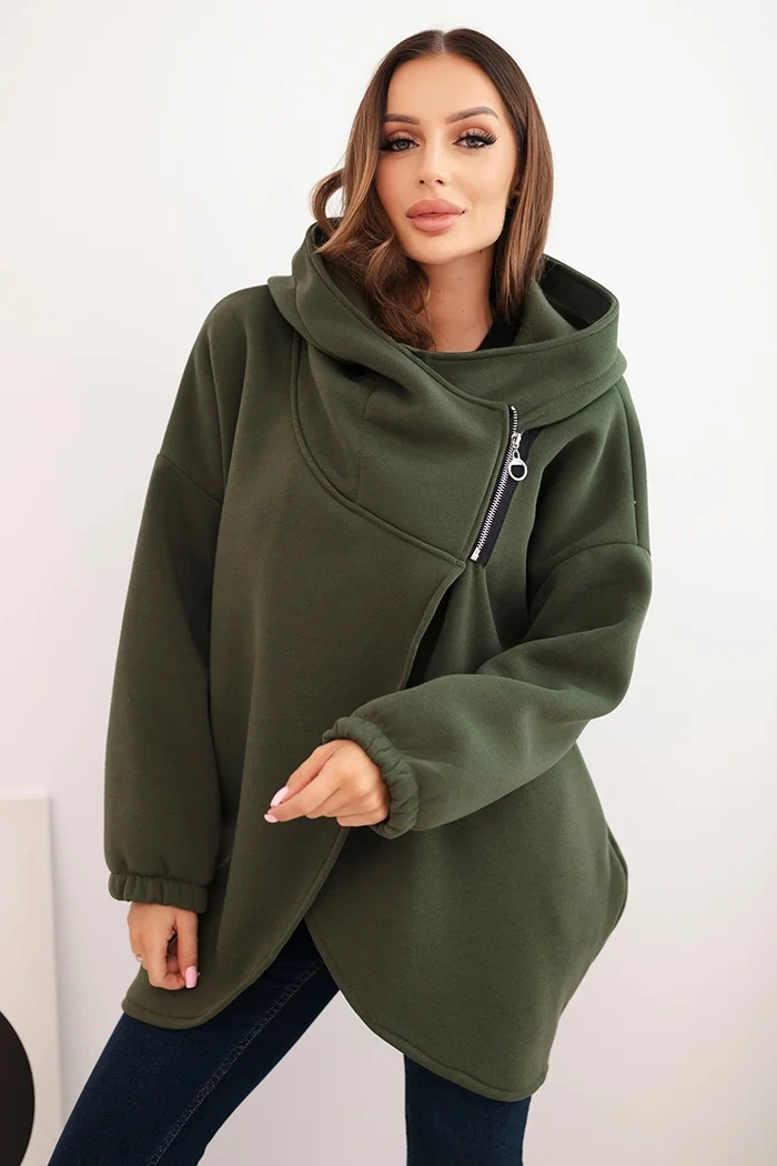 Kesi Włoski Women's insulated hoodie with an asymmetric zipper khaki