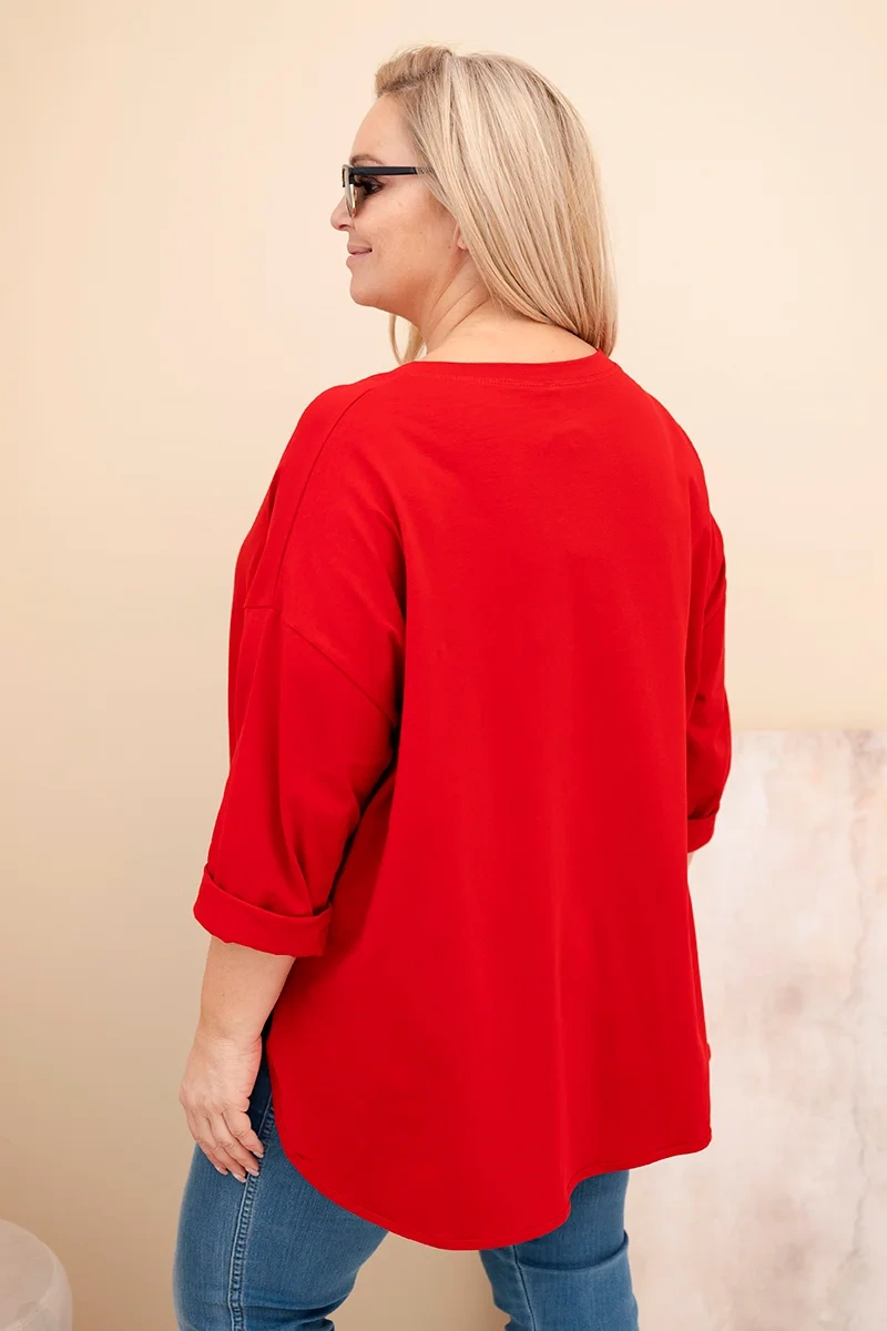 Kesi Włoski Dámska blúzka Plus Size z bavlnou s vreckom a podvinutým rukávom červená