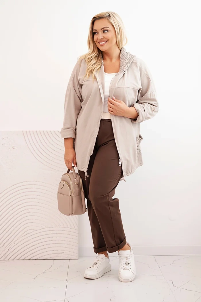 Kesi Włoski Women's Plus Size oversized cotton sweatshirt long sleeve beige