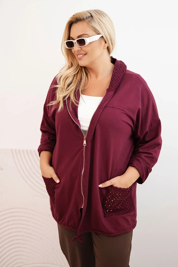 Kesi Włoski Womens Plus Size cotton oversized sweatshirt long sleeve burgundy
