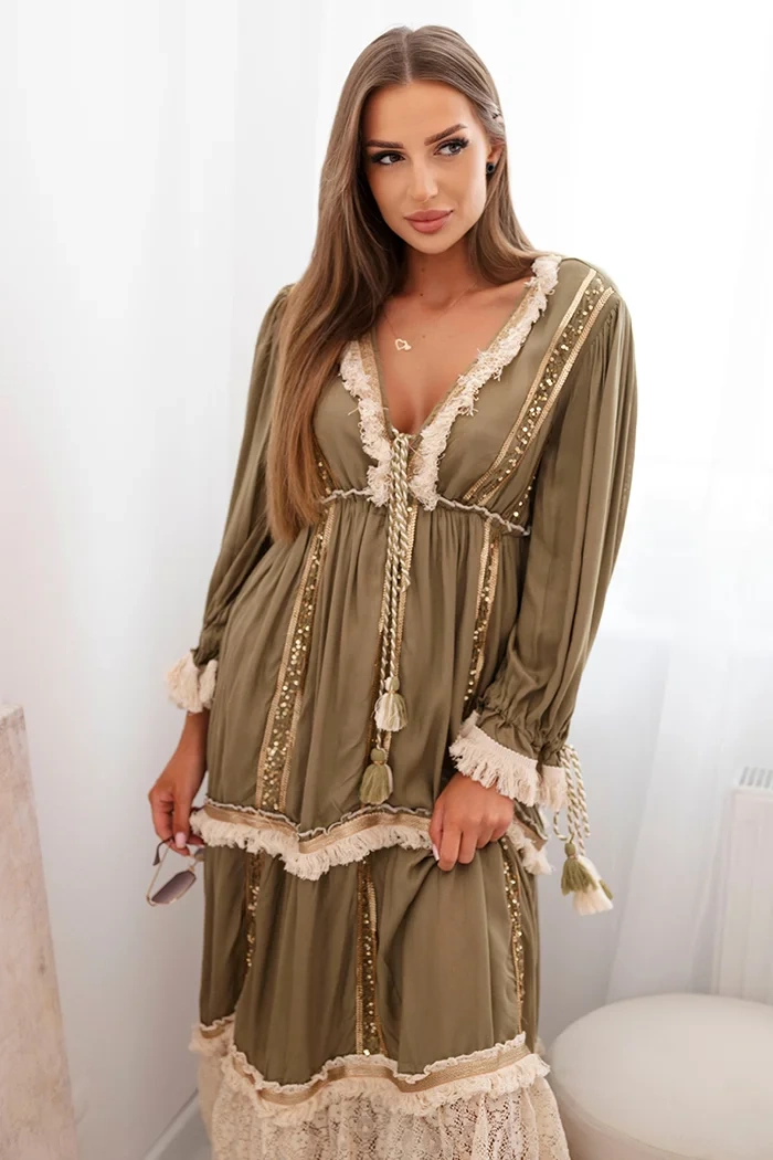 Kesi Włoski Women&#039;s boho dress with lace khaki