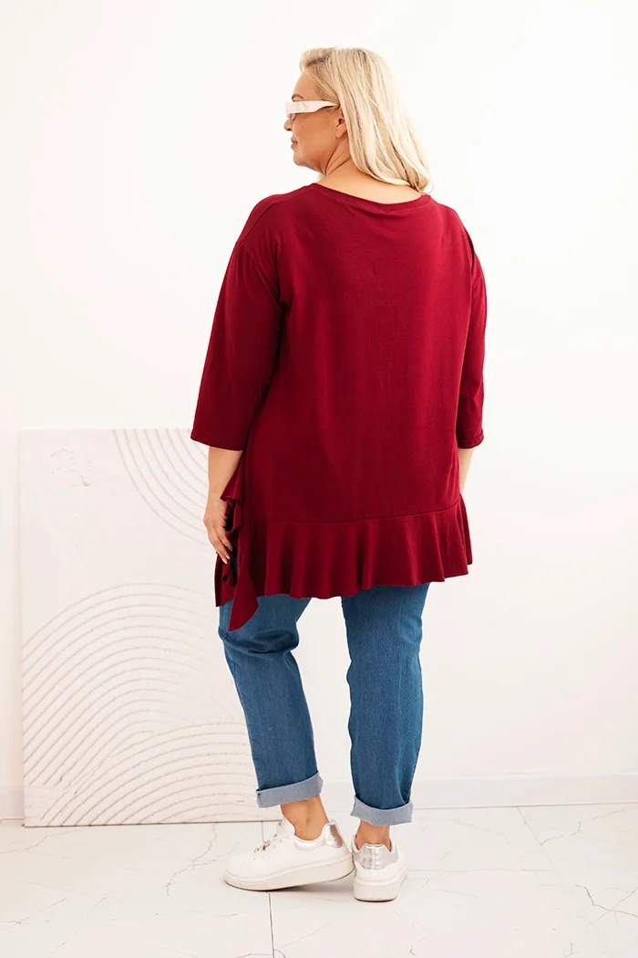 Kesi Włoski Dámska blúzka Plus Size s bavlnou, volánom a vyhrnutým rukávom bordová