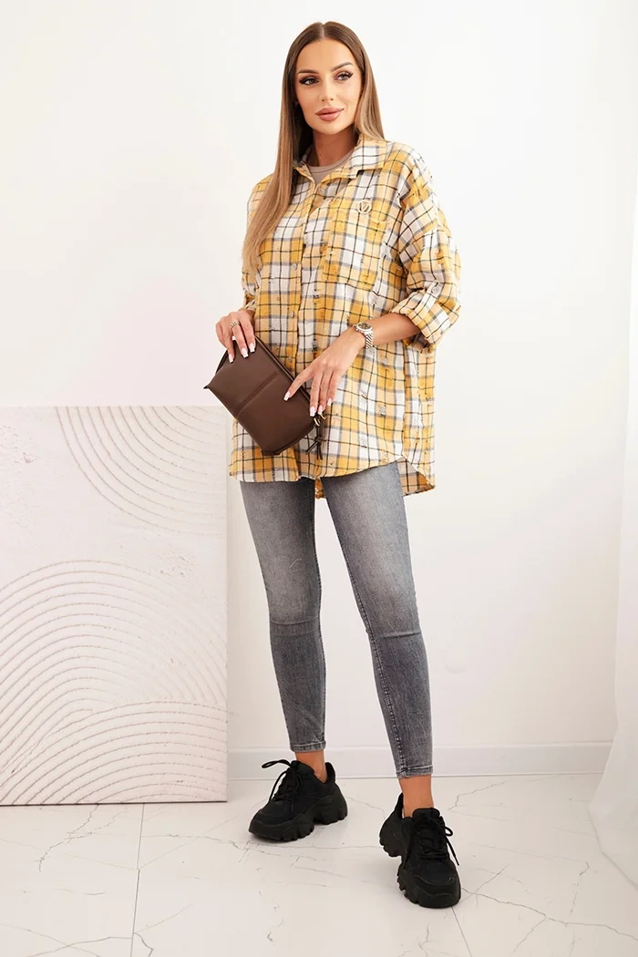 Kesi Włoski Women's cotton checkered shirt with a distressed effect mustard
