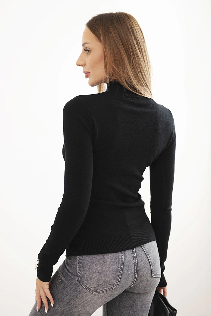Kesi Włoski Women's viscose sweater with a collar and decorative buttons on the sleeves black