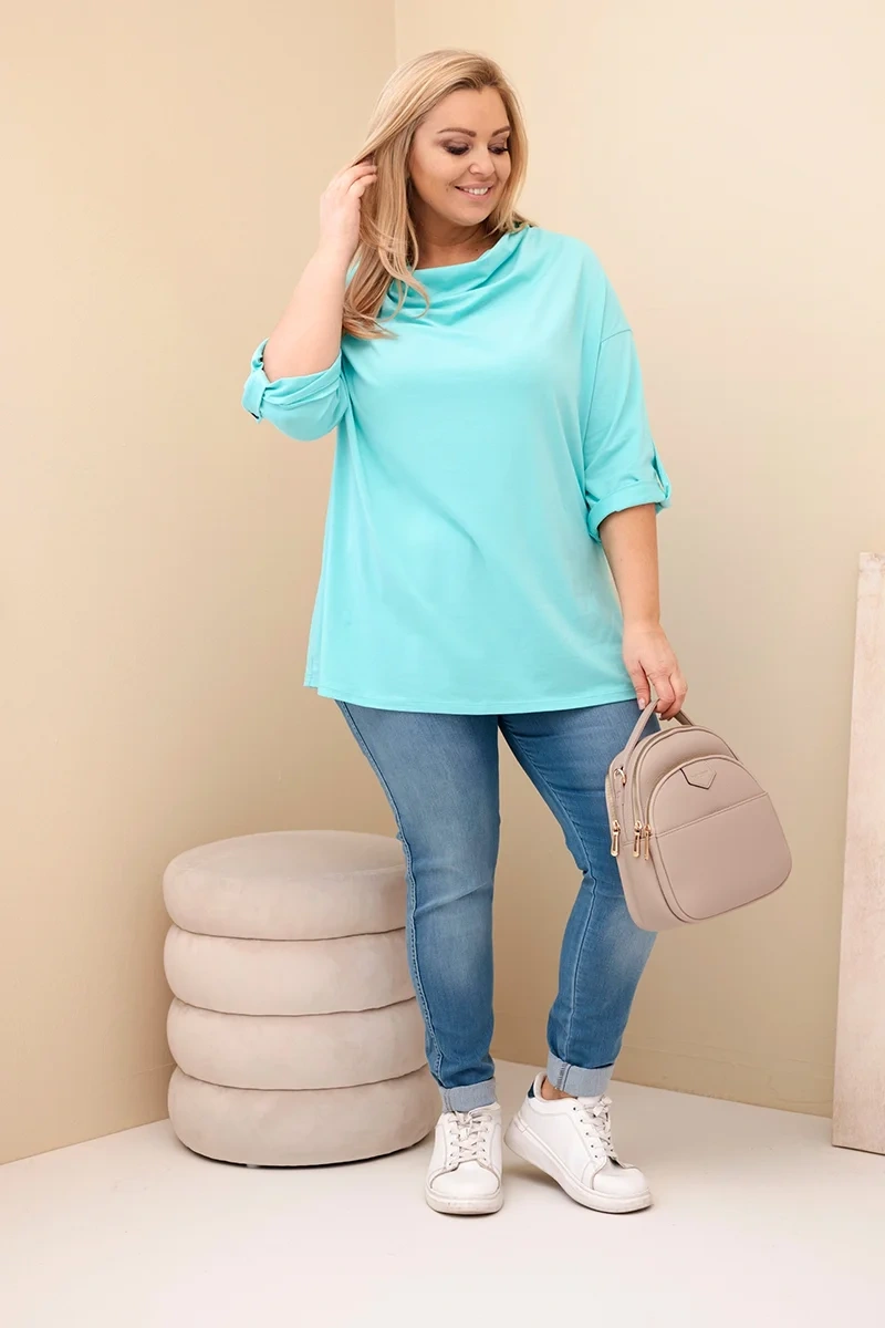 Kesi Włoski Dámska blúzka Plus Size z bavlnou s voľným strihom a vodným výstrihom mätová