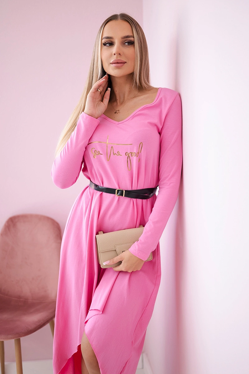 Dress with decorative belt and inscription light pink