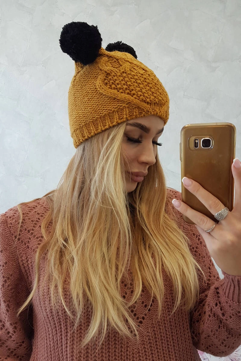 marka niezdefiniowana Cap with fleece 2 pompoms K291 mustard