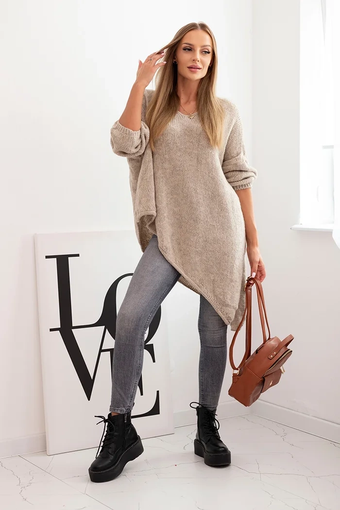 Kesi Włoski Asymmetrical Plus Size women's wool sweater with a V-neck dark beige