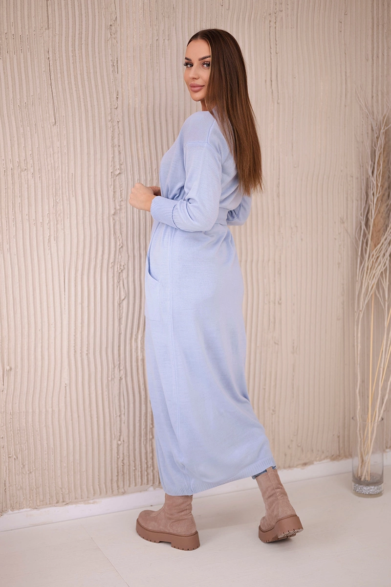 Long sweater with waist tie in blue color