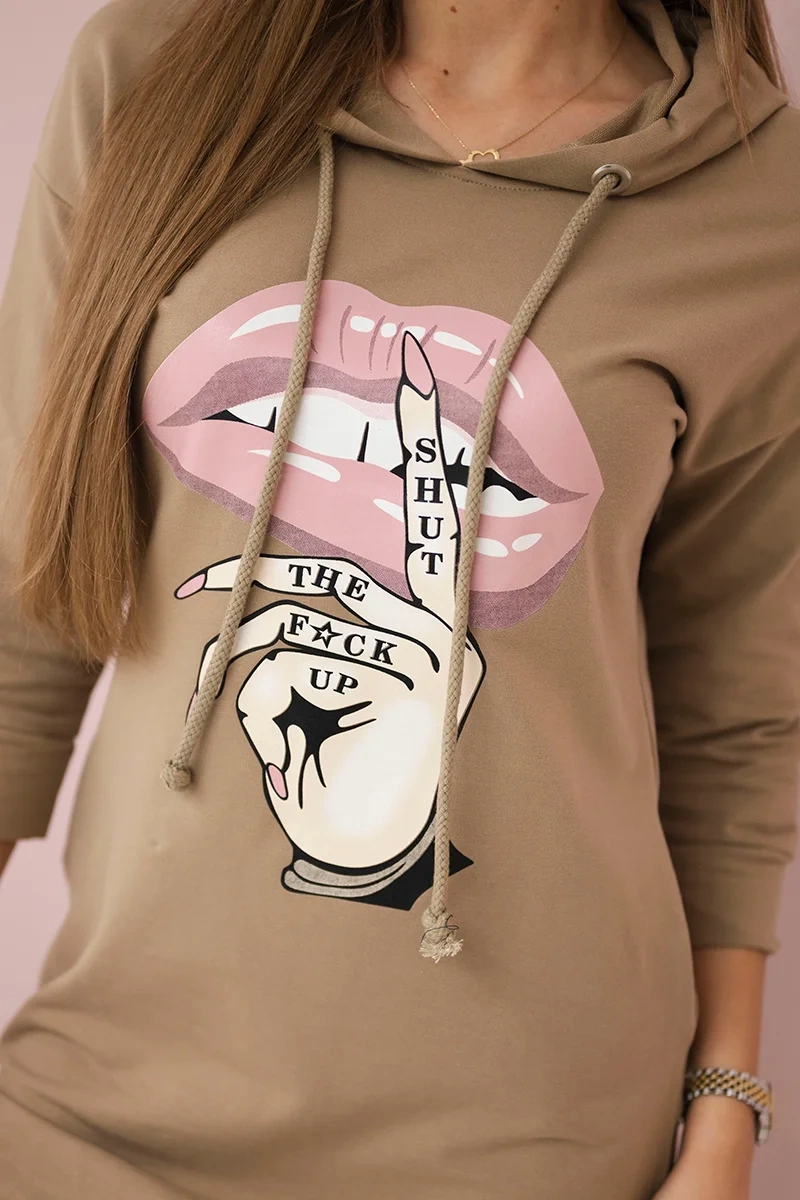 Dress with a longer back and a colorful camel print