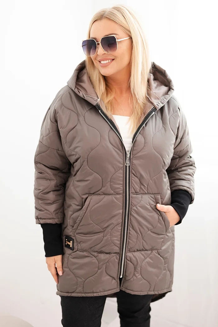 Kesi Włoski Dámska bunda Plus Size prešívaná s kapucňou fango