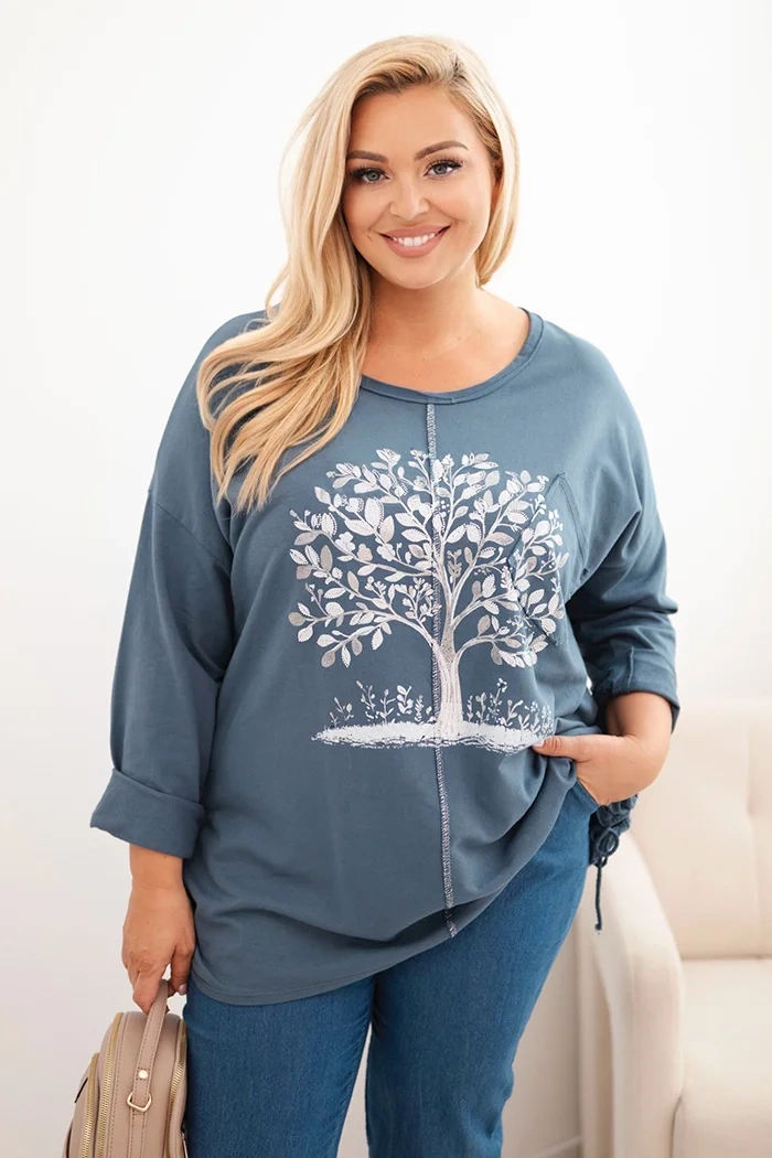 Kesi Włoski Women&#039;s Plus Size cotton blouse with tree print denim