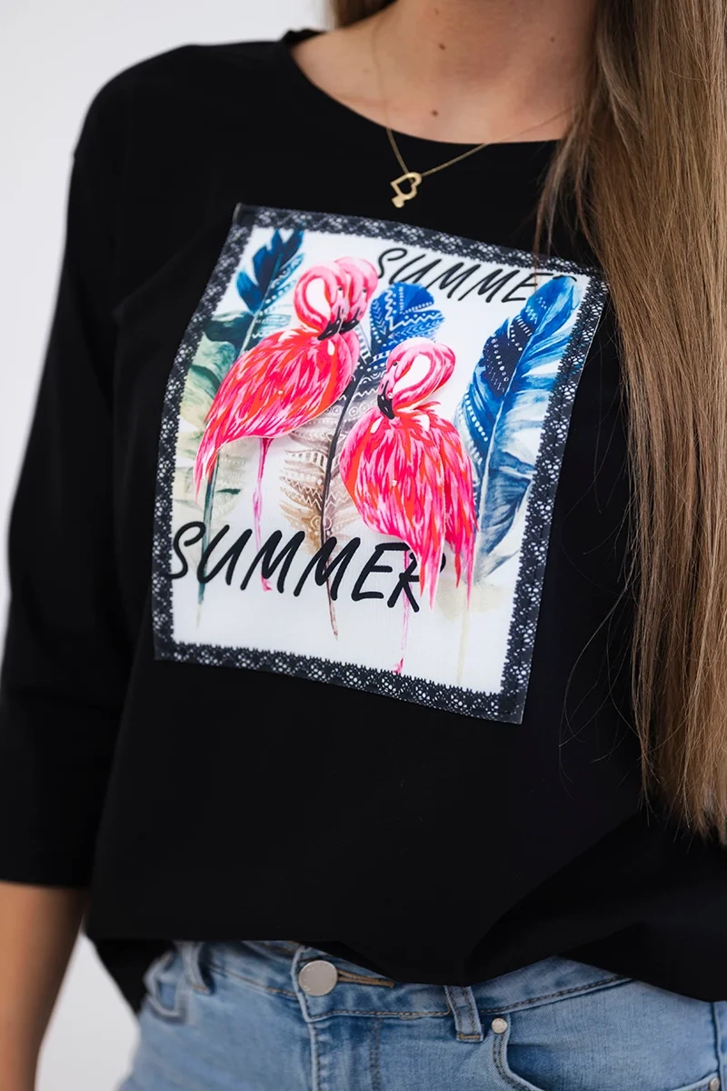 Blouse with 3D black flamingo graphics