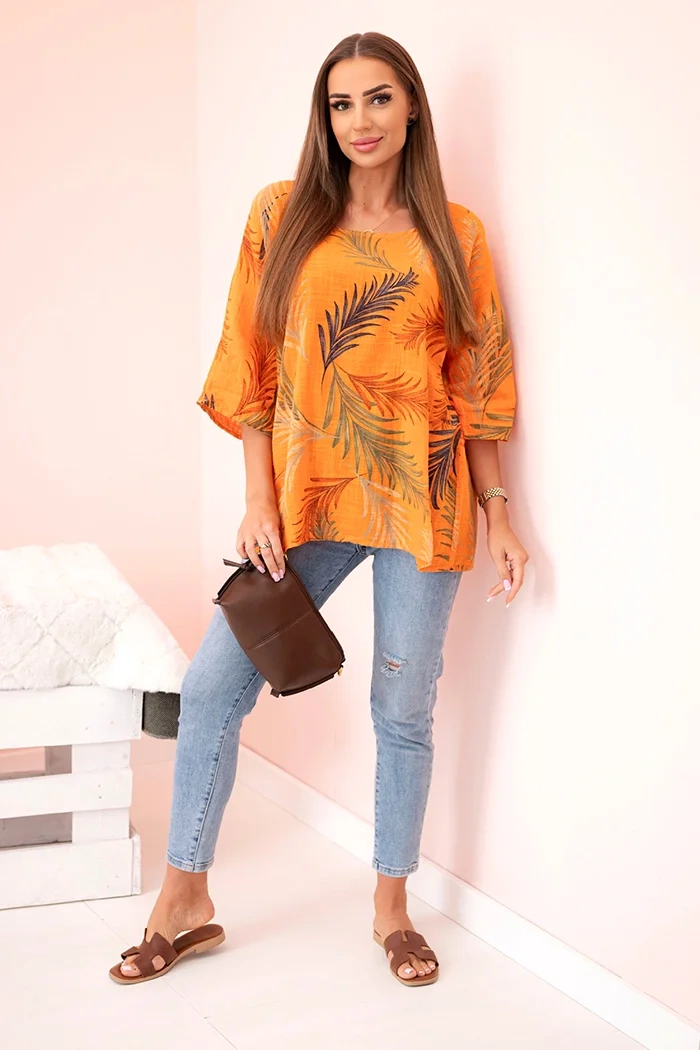 Kesi Włoski Women's cotton blouse with leaves with roll-up sleeves orange